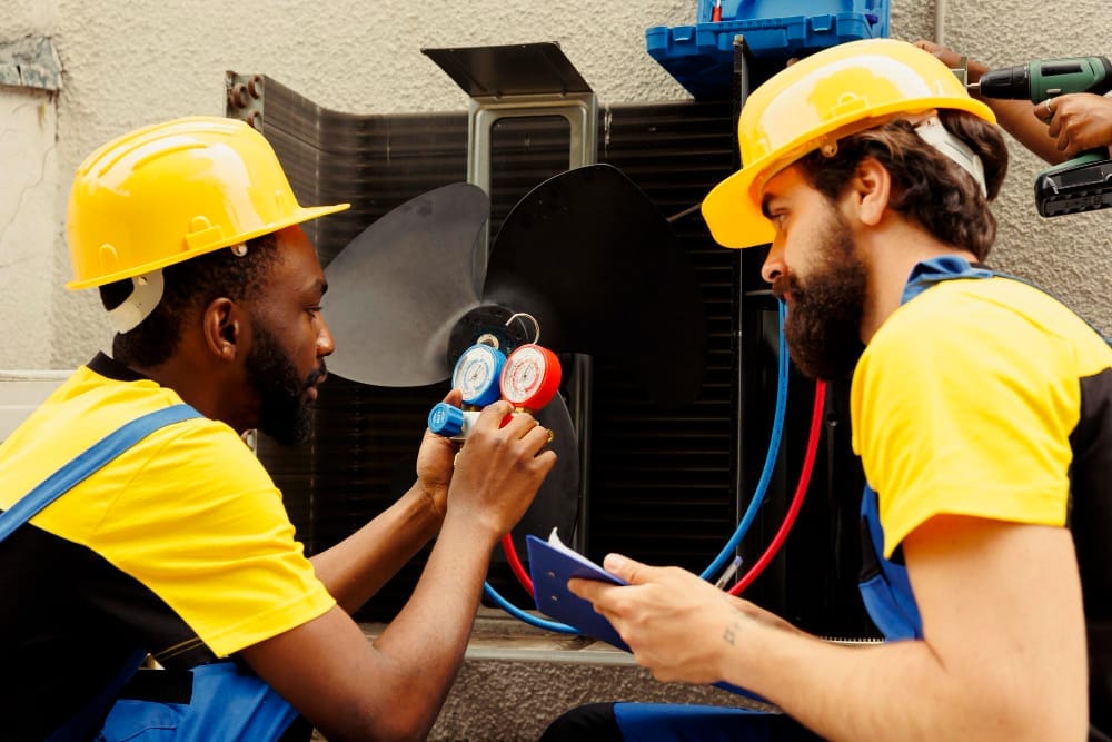 meticulous-wiremen-expertly-refilling-freon-external-air-conditioner