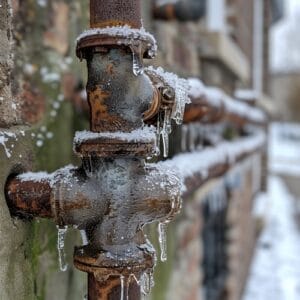 Closeup of a frozen rusty pipe with icicles.