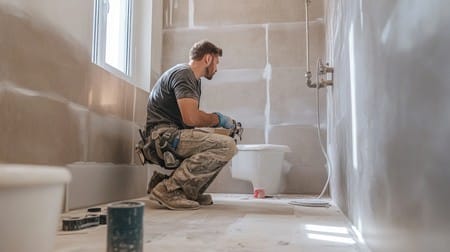 A plumber is installing pipes in a newly constructed bathroom.