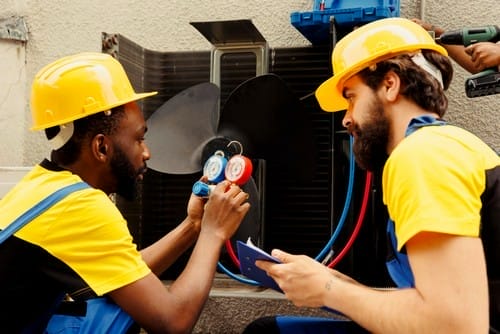 Meticulous wiremen expertly refilling freon